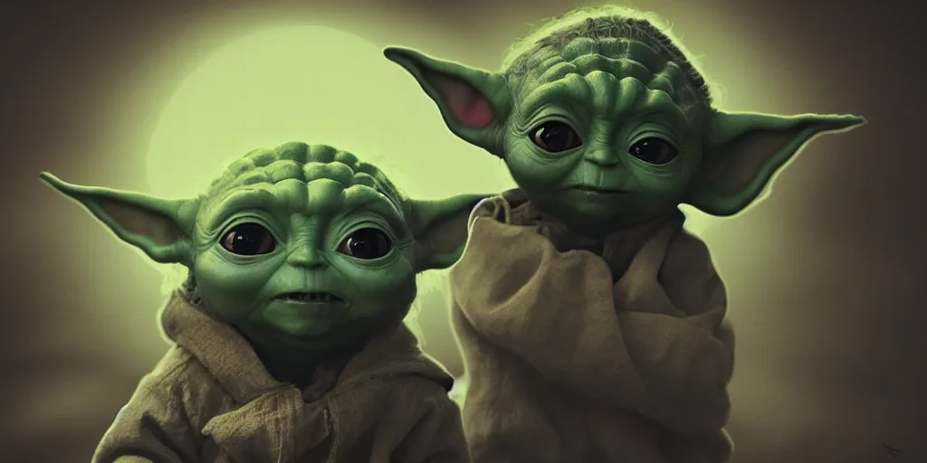 Prompt: Baby Yoda, Portrait, Very Cloudy Sky, Sun, Shadowy, Darkest Dungeon art style, Subject in Middle, Subject in center, Rule of Thirds, 4K, Chris Bourassa Brooks Gordon