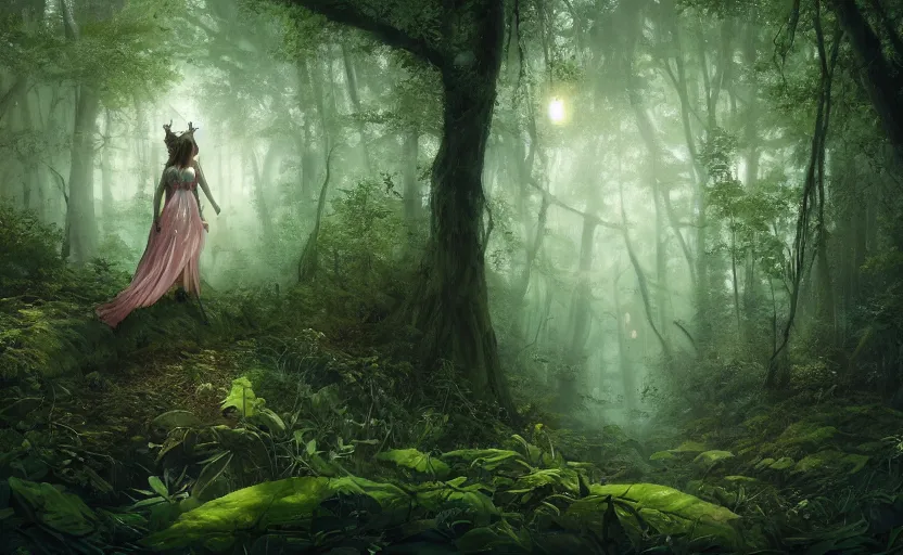 Image similar to a joyful fairy queen, in a dark forest, telephoto, rule of thirds, symmetry, beautiful, magical, fireflies, mysterious matte painting by greg rutkowski and marc simonetti and ivan shishkin, 4 k