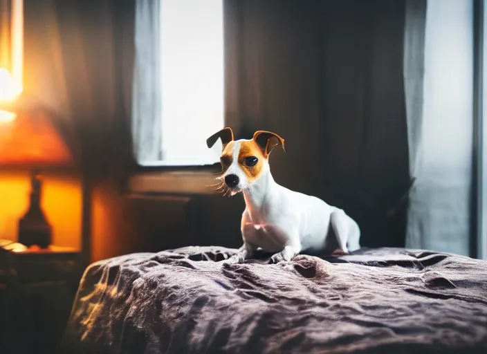 Image similar to photography of a Jack Russel . watching outside the window. on a bed. in a vintage room full of vinyls and posters.,volumetric light, photorealistic,, award winning photo, 100mm, sharp, high res