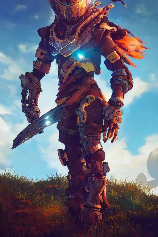 Image similar to combination suit armor aloy horizon forbidden west horizon zero dawn radiating a glowing aura global illumination ray tracing hdr fanart arstation by ian pesty and alena aenami artworks in 4 k tribal robot ninja mask helmet backpack