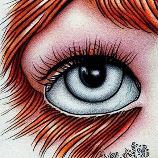 Prompt: beautiful pale redhead with giant soft dreamy eyes. Fine detailed colored ink drawing blotter art.