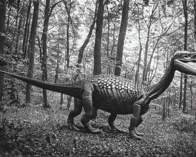 Image similar to hyper realistic vintage photograph of a real dinosaur in a forest, ultra detailed, grain, old, monochrome, sepia toned, realistic lighting, wide angle