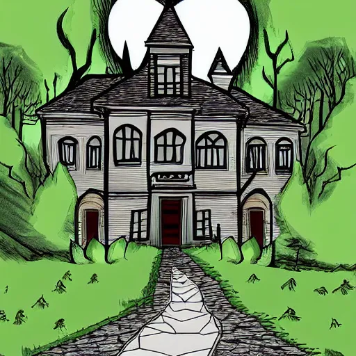 Prompt: digital art of a spooky mansion in the woods with mountains in the back, a trail leads to the doors. vampires and stuff.