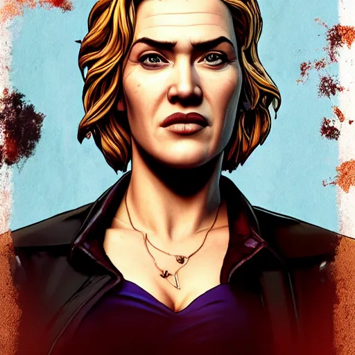 Image similar to kate winslet portrait, borderlands, tales from the borderlands, the wolf among us, comic, cinematic lighting, studio quality, 8 k