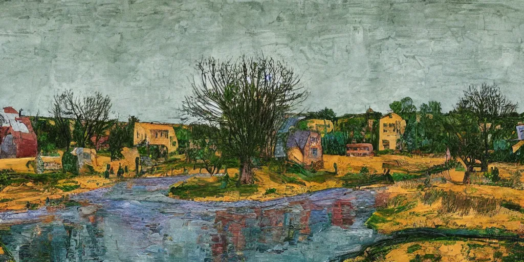 Prompt: beautiful village by the river landscape styled by peter doig, photo realistic