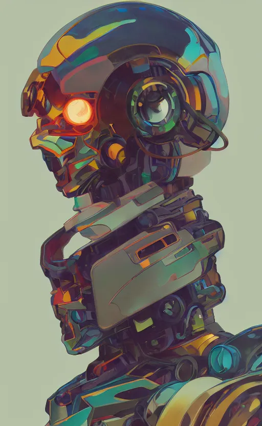 Image similar to upper half portrait of colourful army mecha robot, art by hsiao - ron cheng & alphonse mucha, highly detailed, digital painting, concept art, illustration, smooth sharp focus, intricate, symmetry, blcak background, black backdrop, png, artstation,
