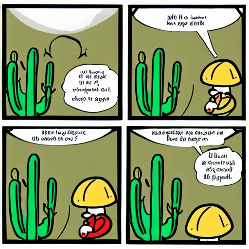 Image similar to cactus talking to mushroom comic