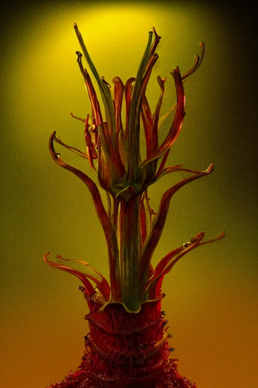 Prompt: Close-up portrait of an carnivorous plant after a DNA experiment, biology experiment, biomecha, dramatic backlighting, golden hour, autochrome, high contrast, highly detailed, sharp focus, focused macro photography, digital painting, tech garbage, concept art, illustration, cyberpunk, solarpunk, trending on artstation, art by greg rutkowski and greg hildebrandt, composition by Alphonse mucha