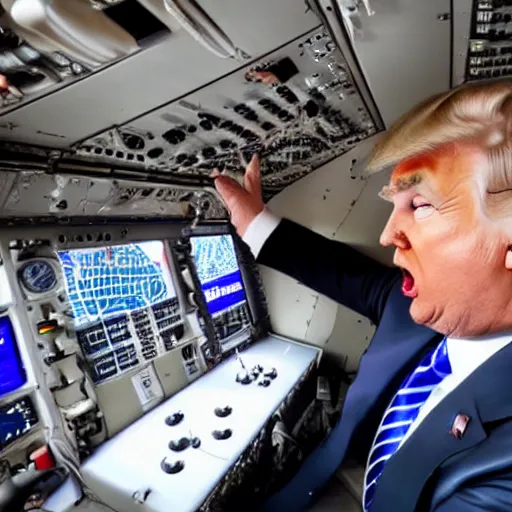 Image similar to Donald Trump in the pilot's seat in an aircraft, screaming, angry, with his hands on the controls, 4k, high quality photograph