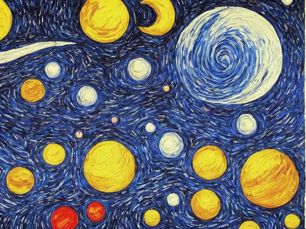 Image similar to A beautiful painting of a five planets by Gioele Muscolino and Van Gogh, There are only five planets that are black, white, yellow, red, and blue, behind the galaxy and the universe, Trending on artstation, starry sky