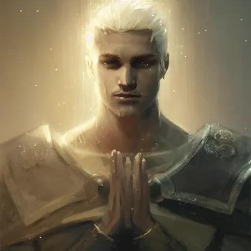 Image similar to dramatic masterpiece Greg Rutkowski male Aasimar paladin with platinum blonde hair praying amidst sorrow, realistic, cinematic lighting, WLOP, dungeons and dragons