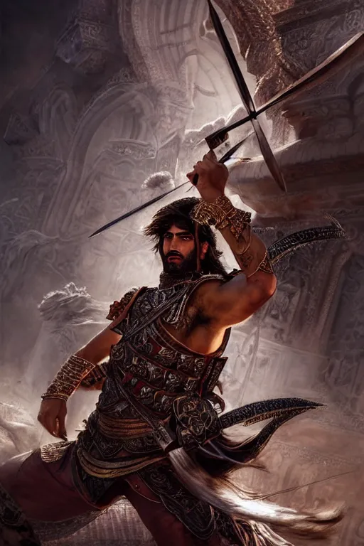 Prompt: Beautiful portrait of a Persian Prince fighting at war, warrior, brutal battle, handsome prince of persia, attractive young man, persian style architecture, dramatic lighting, dark and horror, action and tragedy, intricate, wild, highly detailed, digital painting, artstation, concept art, smooth, sharp focus, illustration, art by artgerm and greg rutkowski and alphonse mucha, footage from space camera