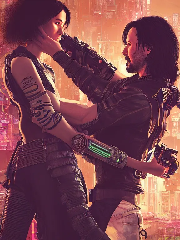 Prompt: a cyberpunk 2077 couple portrait of Keanu Reeves and V in love story,film lighting,by laurie greasley,Lawrence Alma-Tadema,William Morris,Dan Mumford,trending on atrstation,full of color,Digital painting,face enhance,highly detailed,8K, octane,golden ratio,cinematic lighting