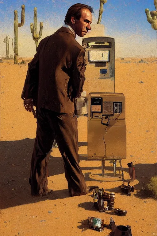 Prompt: saul goodman at a lonely!!!! pay phone in the desert!!!!, painting by'phil hale '!!! gaston bussiere, craig mullins, greg rutkowski, alphonse mucha,