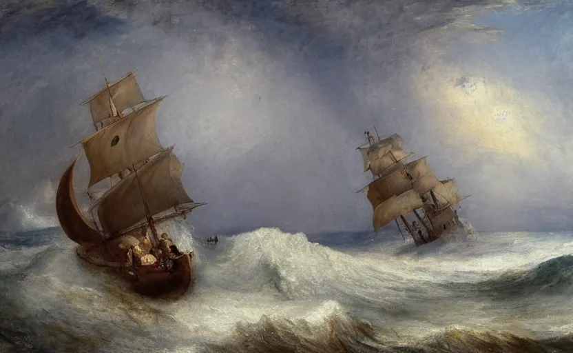 Image similar to a pirate boat in the sea with big waves by William Turner