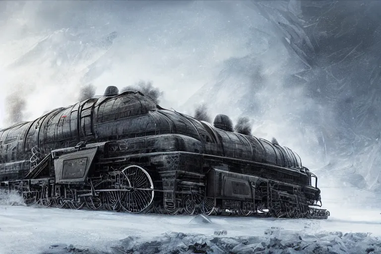 Image similar to a grand intricate futuristic black steam train and a giant mammoth, post - apocalyptic ice landscape in snowstorm, concept art, artstation, highly detailed, digital art