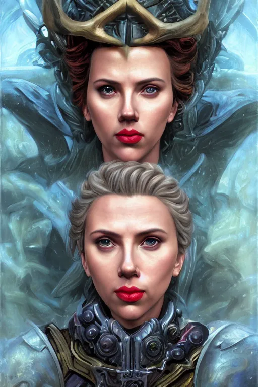 Prompt: A fantasy comic book style portrait painting of Scarlett Johansson as an Atlantean Reptilian Warrior, Mystical Valkyrie, unreal 5, DAZ, hyperrealistic, octane render, Regal, Refined, Detailed Digital Art, RPG portrait, William-Adolphe Bouguereau, Michael Cheval, Walt Disney (1937), François Boucher, Oil Painting, Steampunk, dynamic lighting, Highly Detailed, Cinematic Lighting, Unreal Engine, 8k, HD