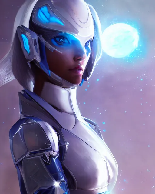 Image similar to perfect android girl on a mothership, warframe armor, beautiful face, scifi, futuristic, galaxy, nebula, raytracing, dreamy, long white hair, blue cyborg eyes, sharp focus, cinematic lighting, highly detailed, artstation, divine, by gauthier leblanc, kazuya takahashi, huifeng huang