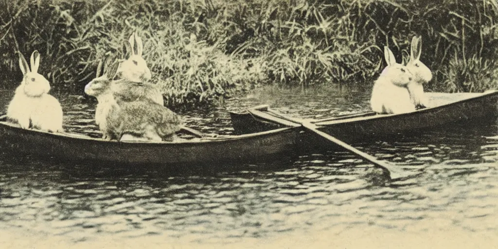 Image similar to a 1 9 1 0 s postcard representing two rabbits in a rowboat