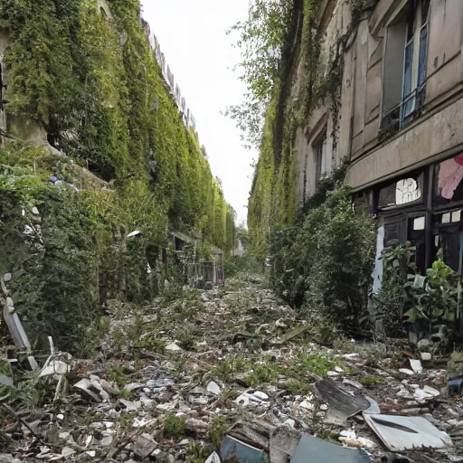 Prompt: photo of an overgrown paris in ruins