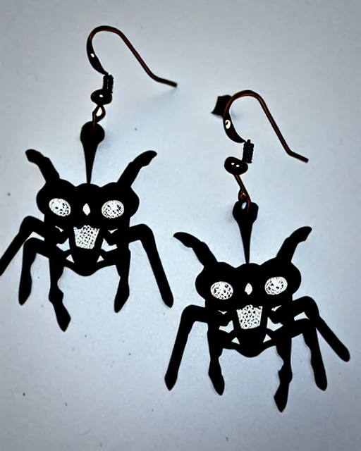 Image similar to spooky cartoon spider, 2 d lasercut earrings, in the style of tim burton