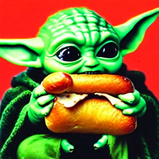 Image similar to hyper realistic baby Yoda eating hot-dog,detalied,