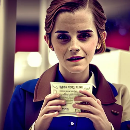 Image similar to emma watson as a mcdonald ’ s cashier, portrait, close up, shallow depth of field, award winning,