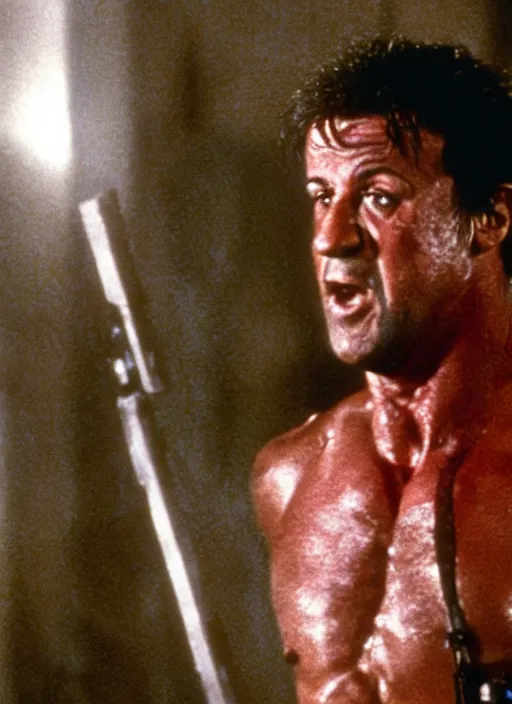 Image similar to film still of Sylvester Stallone as John McClane in Die Hard, 4k