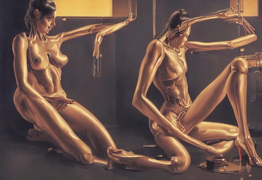 Image similar to A woman with four legs and four arms trying to count her legs, in the style of Hajime Sorayama, extremely detailed masterpiece, oil on canvas, low-key neon lighting, artstation, Blade Runner 2049, Roger Deakin’s cinematography, by J. C. Leyendecker and Peter Paul Rubens and Edward Hopper and Michael Sowa,