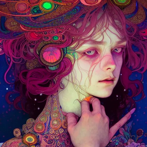 Prompt: A girl having an extremely colorful psychedelic experience, magic mushrooms, psilocybin, face, detailed, intricate, elegant, highly detailed, digital painting, artstation, concept art, smooth, sharp focus, illustration, art by Krenz Cushart and Artem Demura and alphonse mucha