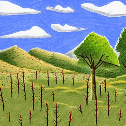 Prompt: drawing of a landscape in the moutains during sumer, the sky is bright blue with a few patches of clouds, the threes are ceders with bare trunk at the base and a few thorns upper, Hayao Moyasaki style, hd,