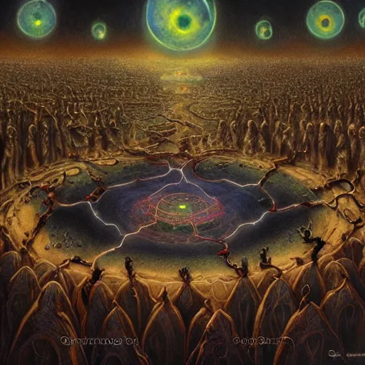 Image similar to a quantum computer, a dark cabal of multiple hooded elven mystics in long robes gathered in a circular formation around a quantum computer, processing the spirits of the dead, dan seagrave, michael whelan art, beautifully detailed