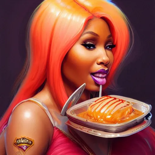 Image similar to Nicki Minaj eating big macs, dripping BBQ Sauce, serving happy meals, D&D, spilling ketchup, fantasy, intricate, elegant, highly detailed, digital painting, artstation, concept art, matte, sharp focus, illustration, hearthstone, art by Artgerm and Greg Rutkowski and Alphonse Mucha