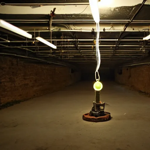 Prompt: in the basement of a secret government laboratory a strange alien glowing object hums with electricity