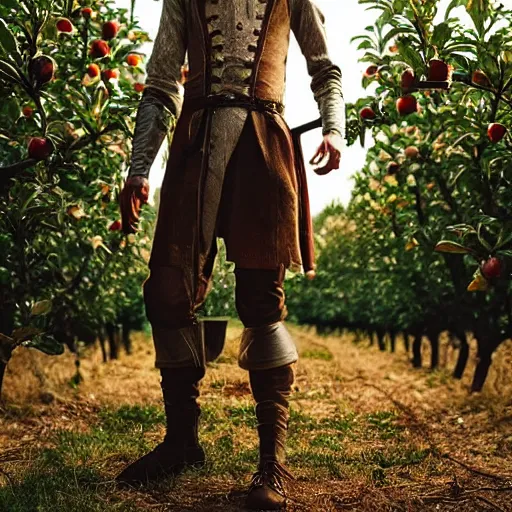 Image similar to portrait of a slender elven man, standing in an apple orchard, dressed in medieval style, very handsome, dungeons and dragons