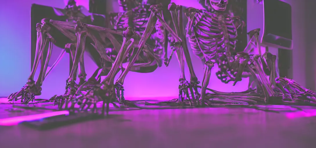 Image similar to the skeleton lies on the ground in front of the computer, magenta and blue, dof, neon