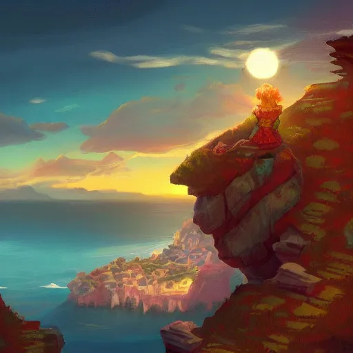 Image similar to a knight rests on a cliff above a cozy and cute seaside village at sunset, dramatic lighting, vivid color, 1 6 bit pixel cover art, trending on artstation