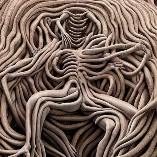 Prompt: dmt bodies. Mesh of human figures intertwined. earthen colors. Beautiful, realistic, extremely anatomical marble sculptures. Disturbing scene. Tangled human forms. A sea of bodies sculpted by August Rodine.