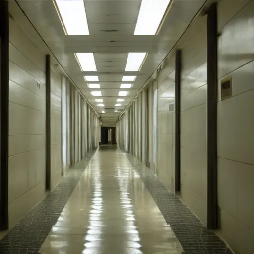 Prompt: an endless hallway with shallow water at the bottem of it, liminal