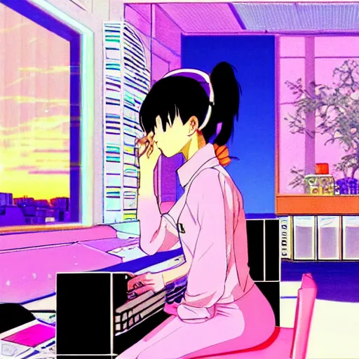 Image similar to girl sitting at her computer, sprite, vaporwave nostalgia, directed by beat takeshi, visual novel cg, 8 0 s anime vibe, kimagure orange road, maison ikkoku, sketch by osamu tezuka, directed by makoto shinkai and beat takeshi