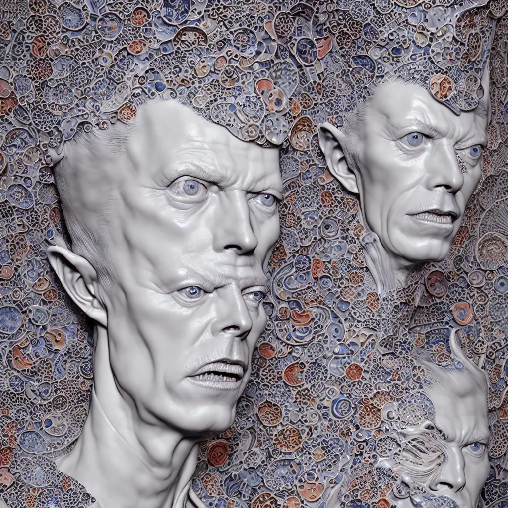 Image similar to David Bowie , A Close up photo-real delicate ceramic porcelain sculpture of a symmetrical ornate detailed in front of an intricate background by Victo Ngai and takato yamamoto, micro detail, backlit lighting, face in focus, subsurface scattering, translucent, thin porcelain, octane renderer, colorful, physically based rendering, japanese pottery, trending on cgsociety