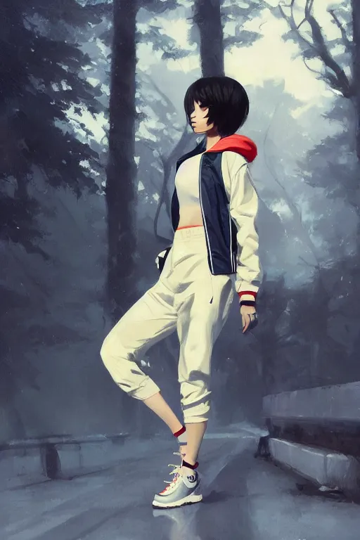 Image similar to A ultradetailed beautiful panting of a stylish girl wearing an oversized Nike jacket, Oil painting, by Ilya Kuvshinov, Greg Rutkowski and Makoto Shinkai