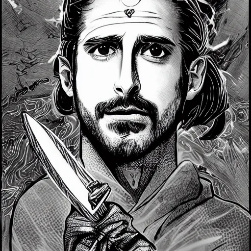 Prompt: pen and ink!!!! attractive 22 year old deus ex Frank Zappa x Ryan Gosling golden!!!! Vagabond!!!! magic swordsman!!!! glides through a beautiful battlefield magic the gathering dramatic esoteric!!!!!! pen and ink!!!!! illustrated in high detail!!!!!!!! by Hiroya Oku!!!!!!!!! Written by Wes Anderson graphic novel published on shonen jump MTG!!! 2049 award winning!!!! full body portrait!!!!! action exposition manga panel