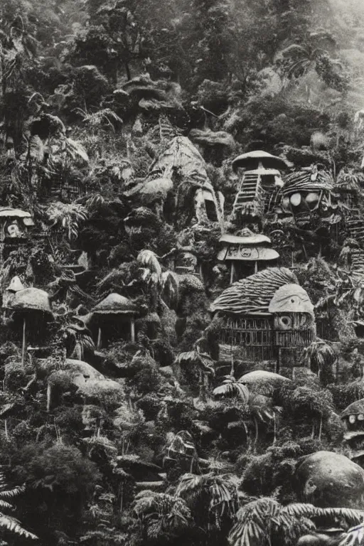 Image similar to alien village, jungle, black and white photography, year 1 9 0 0