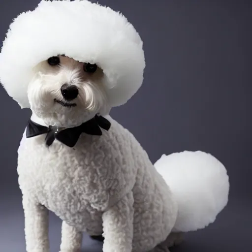 Image similar to a photo of a person wearing a bichon frise costume