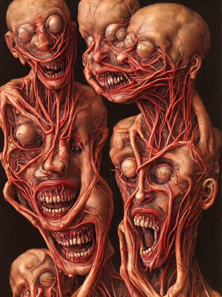 Image similar to siamese twins made of veins, looking into camera, laughing, by giuseppe arcimboldo and ambrosius benson, renaissance, intricate and intense oil paint, a touch of beksinski and hr giger and edward munch, realistic