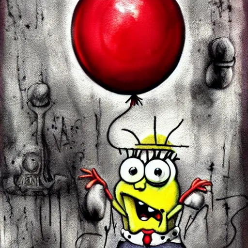 Image similar to grunge painting of spongebob with a wide smile and a red balloon by chris leib, loony toons style, pennywise style, corpse bride style, horror theme, detailed, elegant, intricate