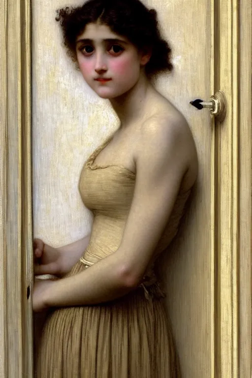 Prompt: girl in thought by auguste toulmouche and bouguereau, perfect detailed eyes, beautiful hands, pale skin, blonde hair, leaning on door