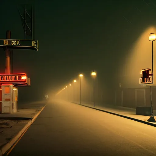 Image similar to A stunningly beautiful award-winning down angle 8K high angle cinematic movie photograph of a dark foggy main intersection in an abandoned 1950s small town at night, by Edward Hopper and David Fincher and Darius Khonji, cinematic lighting, perfect composition, moody low key volumetric light. Color palette from Seven, greens yellows and reds. 2 point perspective, high angle from 15 feet off the ground. Octane render, cgsociety