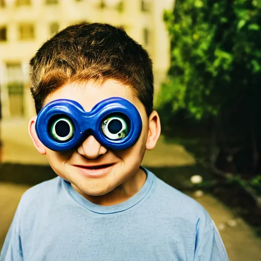 Image similar to a cyclops boy with one eye smiling but confused. High quality photograph. 35mm lens.